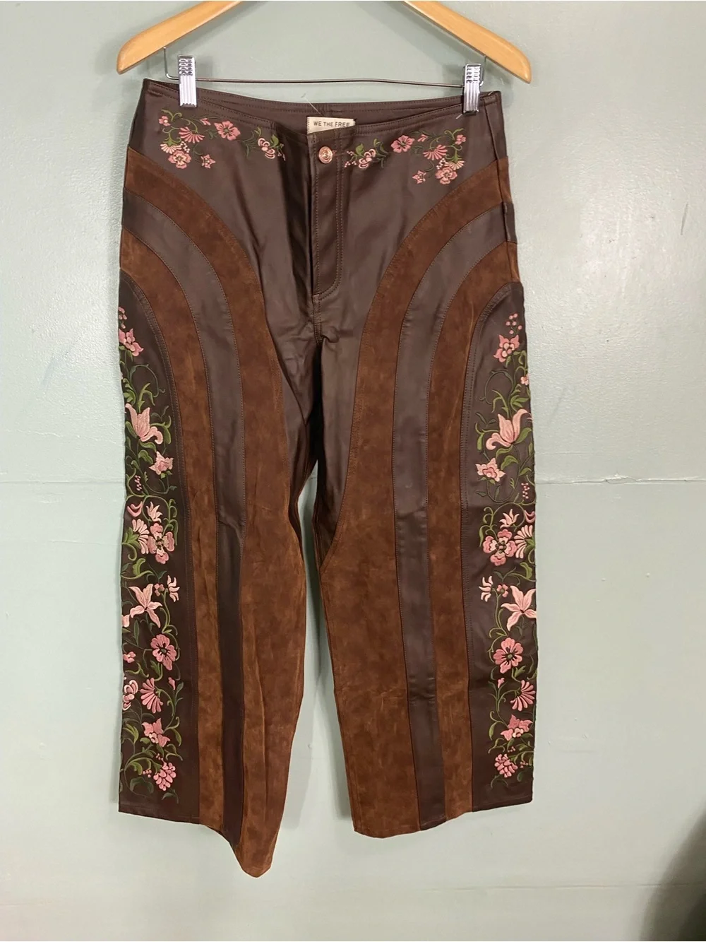 Free People We The Free Belle Embroidered Vegan Leather Brown Pants Floral Sz 10